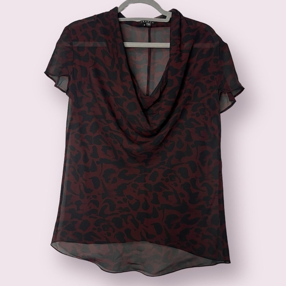 Theory Black and Red Sheer Cowl Neck Silk Blouse Medium